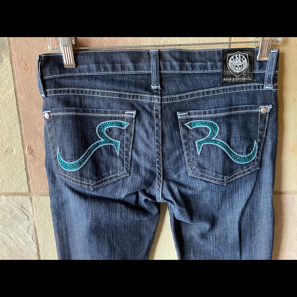 Rock & Republic Turquoise Rhinestone Dark Jean 24